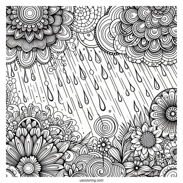 Trippy Rain Coloring Page And Flowers Art