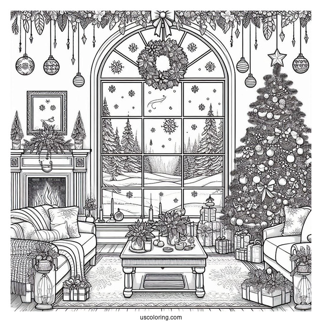 Christmas Coloring Pages For Adults Of Window Looking Into Living Room With Christmas Decors