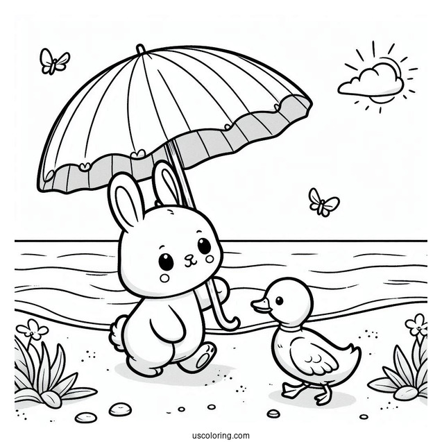 Cute Coloring Page Of Rabbit And Duck Walking Along The Beach Under An Umbrella