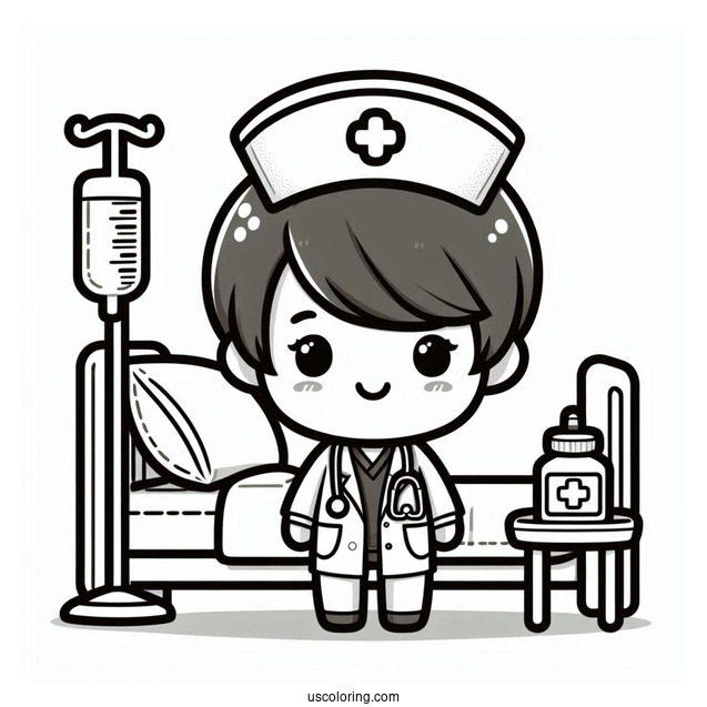 Chibi Coloring Page Nurse in a Hospital Room For Kids
