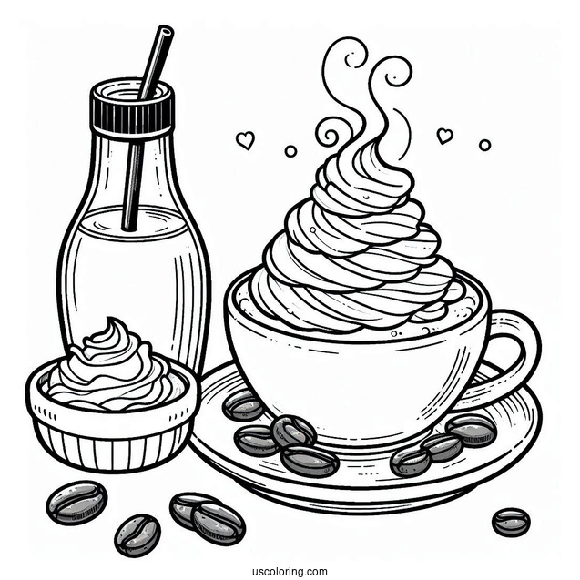 Coffee Coloring Pages With Whipped Cream And Syrup In Cute Cup