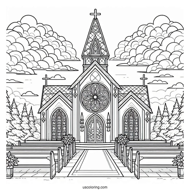 Church Coloring Page With Stained Glass Windows