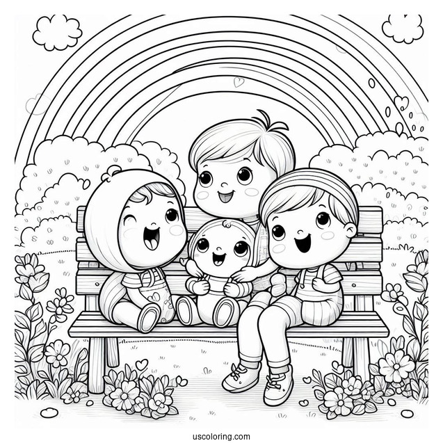 Rainbow Friends Coloring Page Watching Rainbow Babies On A Bench