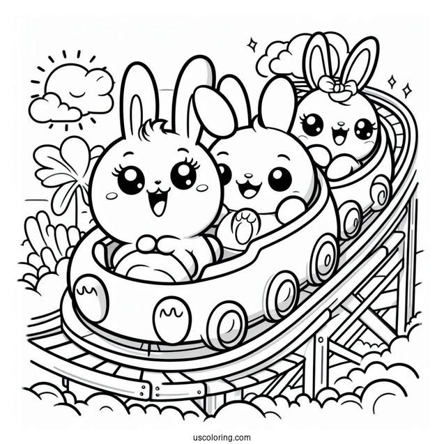 Sunny Bunnies Coloring Page Turbo, Shiny, Big Boo, Iris, And Hopper Riding Rollercoaster For Kids