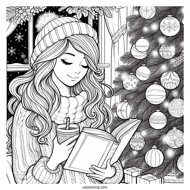 Christmas Coloring Pages For Adults Of Woman Reading Book Beside Window On Christmas Day
