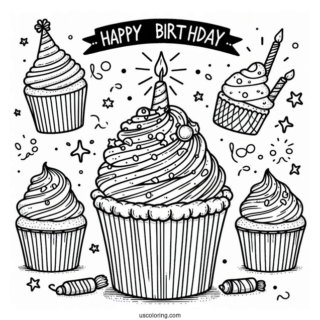 Happy Birthday Cupcake Coloring Sheet