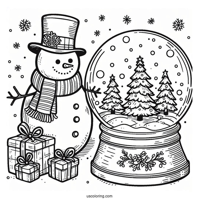 Snowman With Trees And Presents Snow Globe Coloring Page