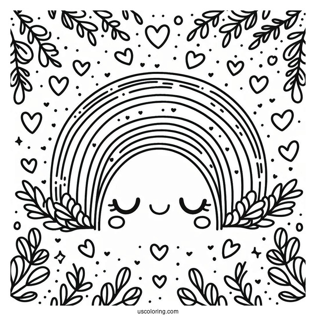 Small Rainbow Coloring Page Surrounded By Love Hearts For Kids