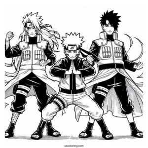 Naruto Coloring Page of Team Seven With Kakashi, Iruka, And Third Hokage