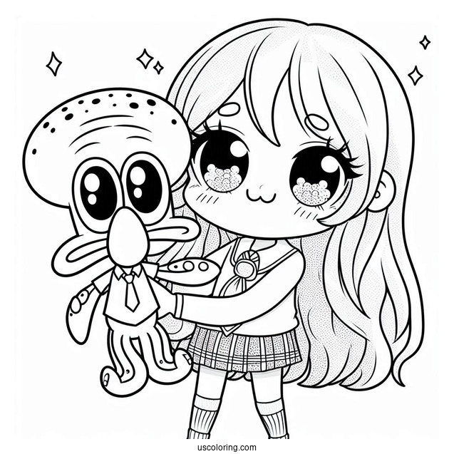 Cute SpongeBob Holding Squidward Coloring Page For Kids