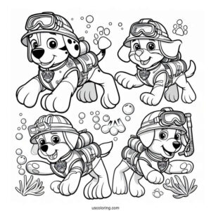 Paw Patrol Dogs Scuba Diving Coloring Page