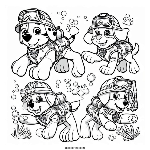 Paw Patrol Dogs Scuba Diving Coloring Page