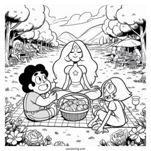 Detailed Steven Universe Coloring Page With Connie, Sardonyx, And Amethyst Having Picnic