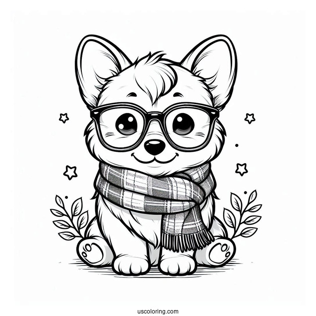 Cute Corgi Coloring Page With Scarf And Eyeglasses For Preschoolers