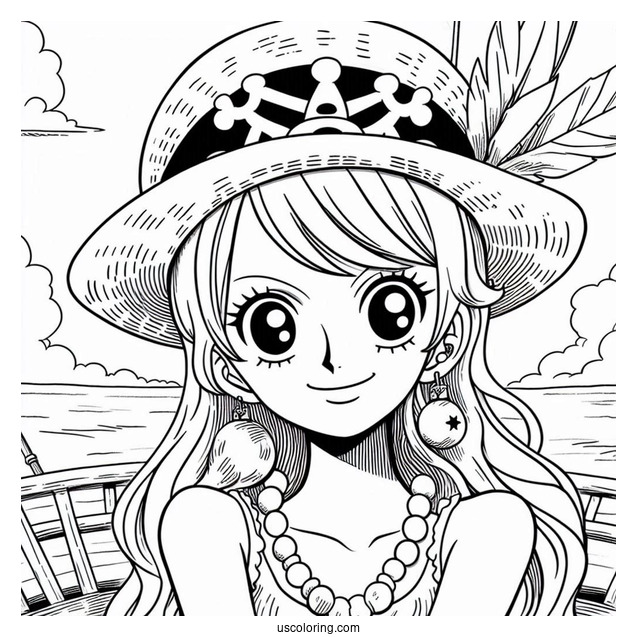 One Piece Coloring Page Of Smiling Nami On Pirate Ship
