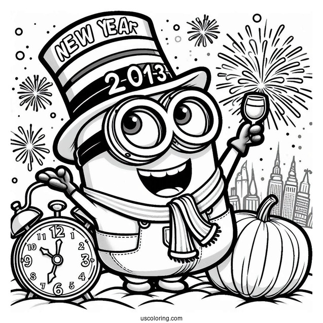 Cute Minion Waving While The Clock Strikes Twelve On New Year Coloring Page