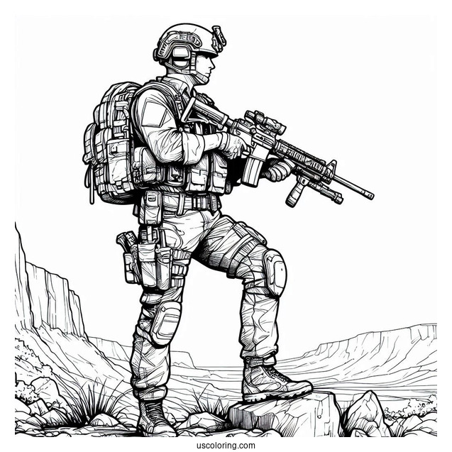 Armed Male Soldier Coloring Page Standing On Top Of Rocky Terrain