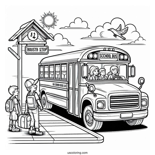 School Bus Picking Up Students At Bus Stop