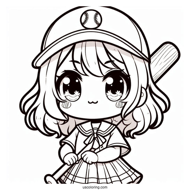 Kawaii Girl Baseball Coloring Page Player Holding A Bat