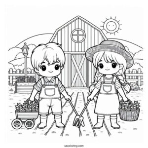 Two Children Working On Farm To Color