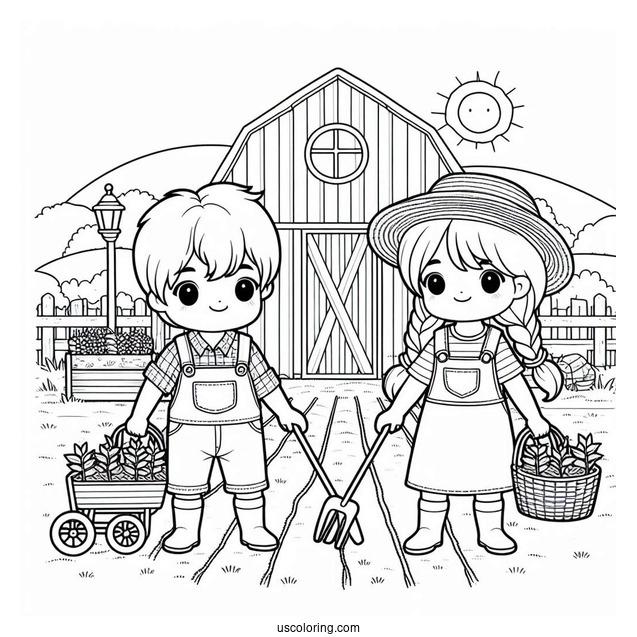 Two Children Working On Farm To Color