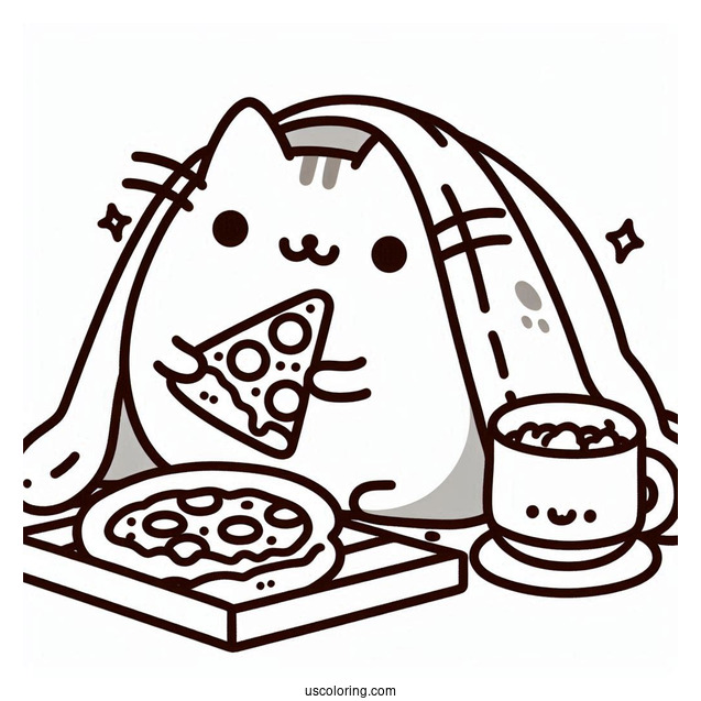 Pusheen Under Blanket Eating Pizza