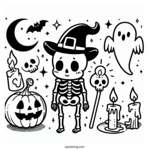 Cartoon Skeleton Coloring Page On Halloween