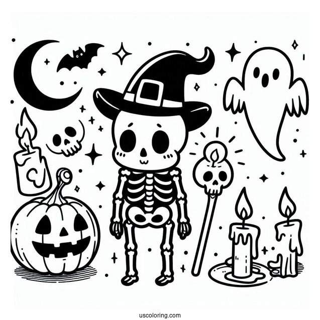 Cartoon Skeleton Coloring Page On Halloween