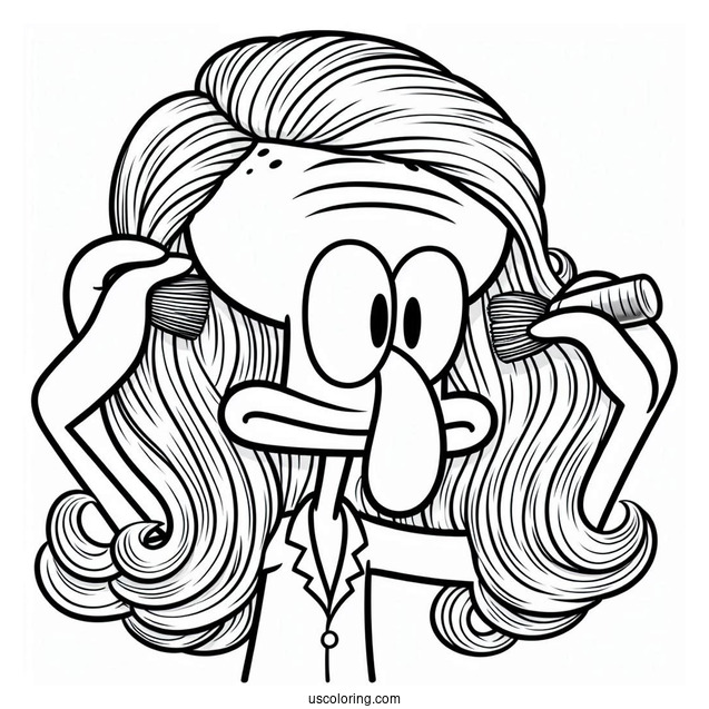 Squidward Coloring Page Putting On Wig