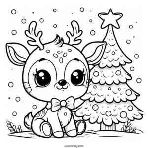 Adorable Little Rudolph Coloring Page Beside A Christmas Tree For Preschoolers