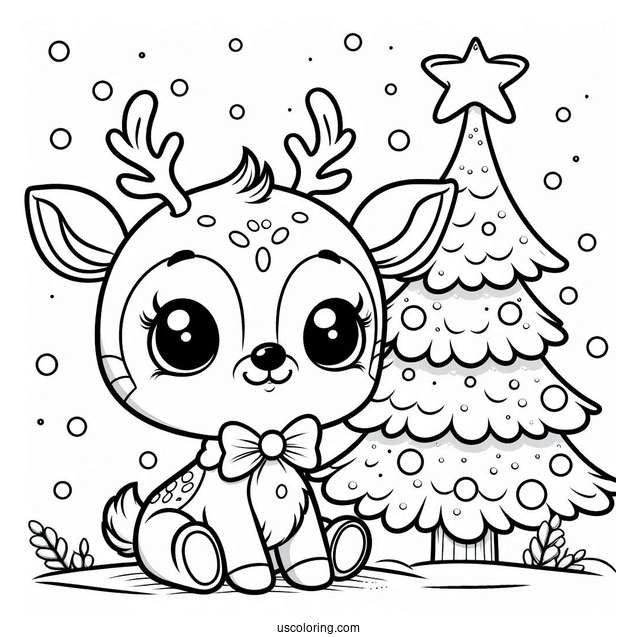 Adorable Little Rudolph Coloring Page Beside A Christmas Tree For Preschoolers