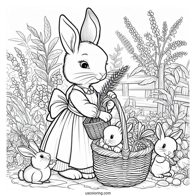 Mrs. Rabbit Harvesting With Peter Rabbit Coloring Page