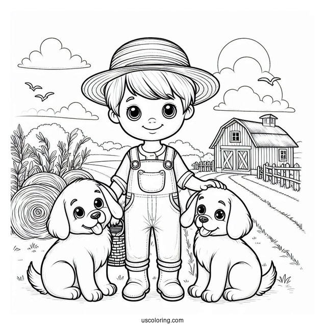 Farmer Boy With His Two Dogs