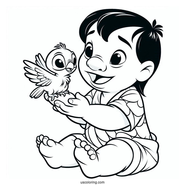 Lilo Holding a Baby Bird Coloring Page