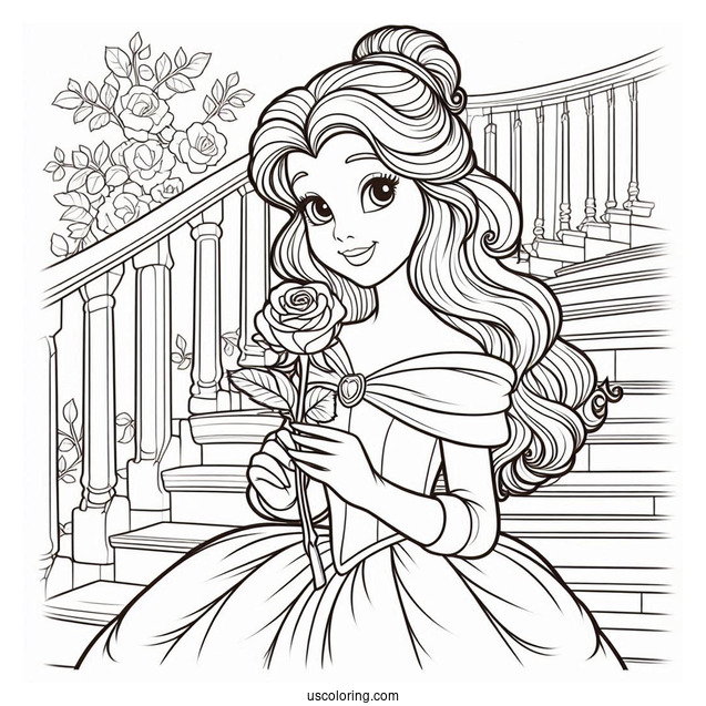 Princess Coloring Page Of Belle Holding Rose On Staircase