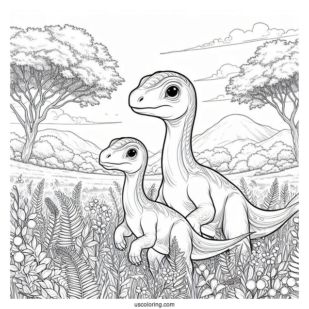 Two Young Parasaurolophus Coloring Page On A Field