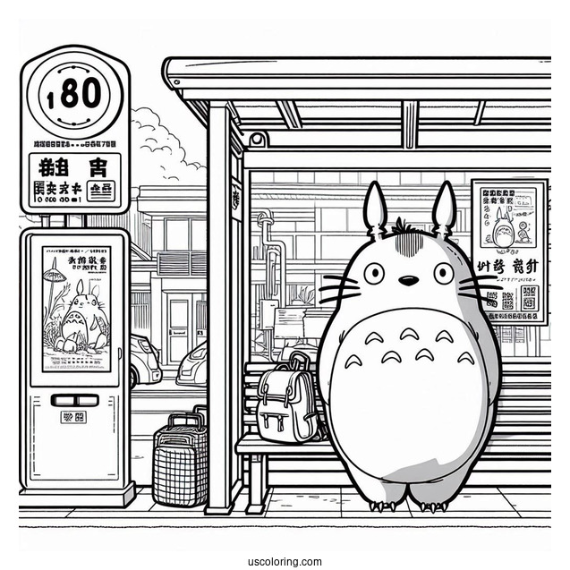 Studio Ghibli Coloring Page of Iconic My Neighbor Totoro At Bus Stop Poster