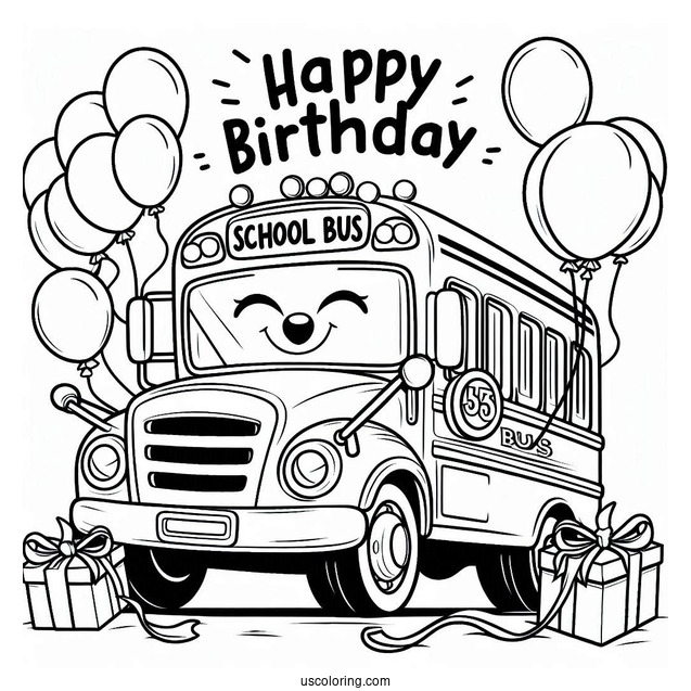 Happy Birthday School Bus Coloring Page With Balloons