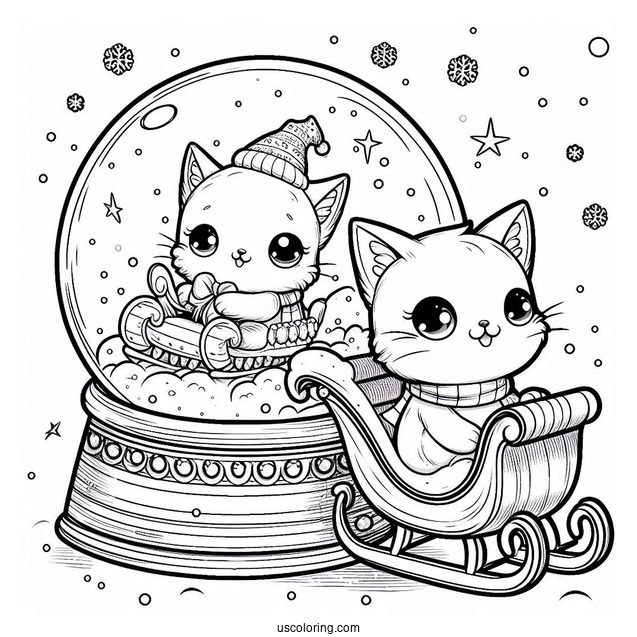 Santa Cat On A Sleigh Snow Globe Coloring Page