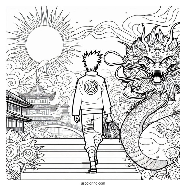 Naruto Coloring Page Of Gaara with Gourd in Front of Sun and Temples