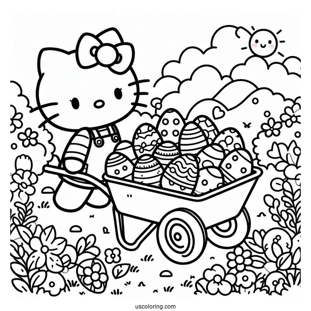 Easter Coloring Page Of Hello Kitty Pulling Wheelbarrow Filled With Easter Eggs For Kids