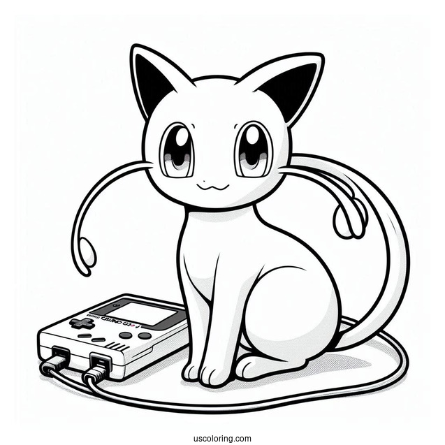 Mew Coloring Page Standing In Front Of Game Boy Console