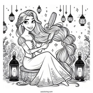Rapunzel Brushing Hair With Lanterns In The Background