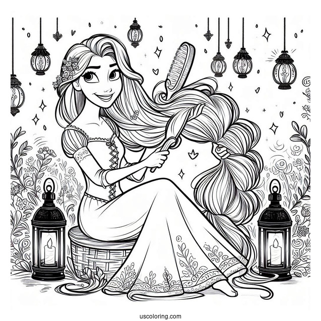 Rapunzel Brushing Hair With Lanterns In The Background