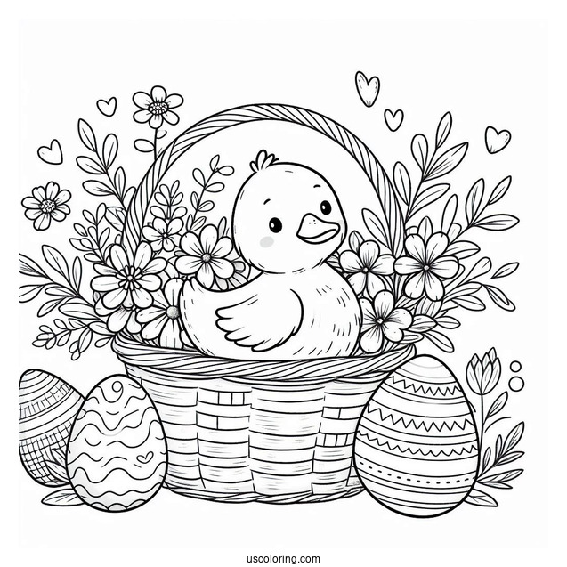 Easter Coloring Page Of Duck Inside Flower Basket With Easter Eggs