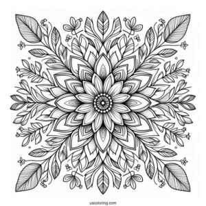 Circle Flower Mandala With Leaves Coloring Page