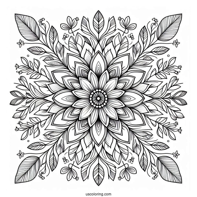 Circle Flower Mandala With Leaves Coloring Page