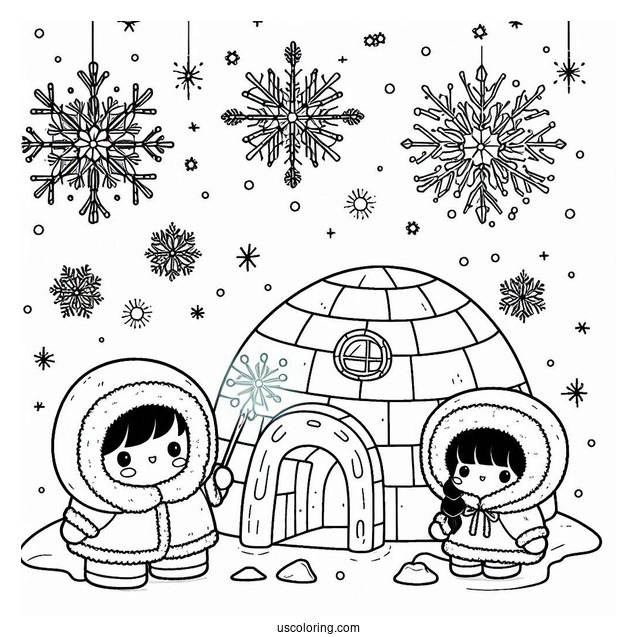 Snowflake Coloring Page Falling On Cartoon Eskimo Family And Igloo
