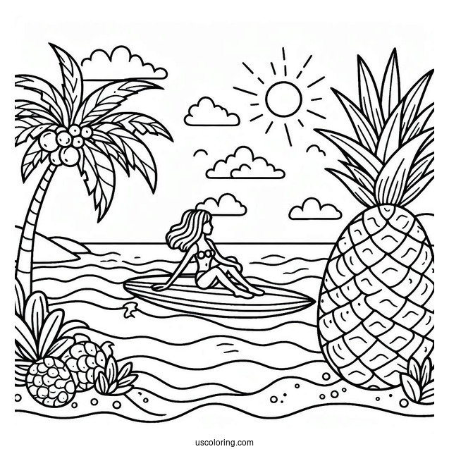 Pineapple Surfing In Summer Coloring Page For Kids