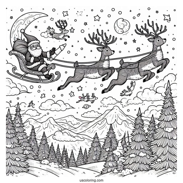 Santa Flying In The Sky With His Reindeer